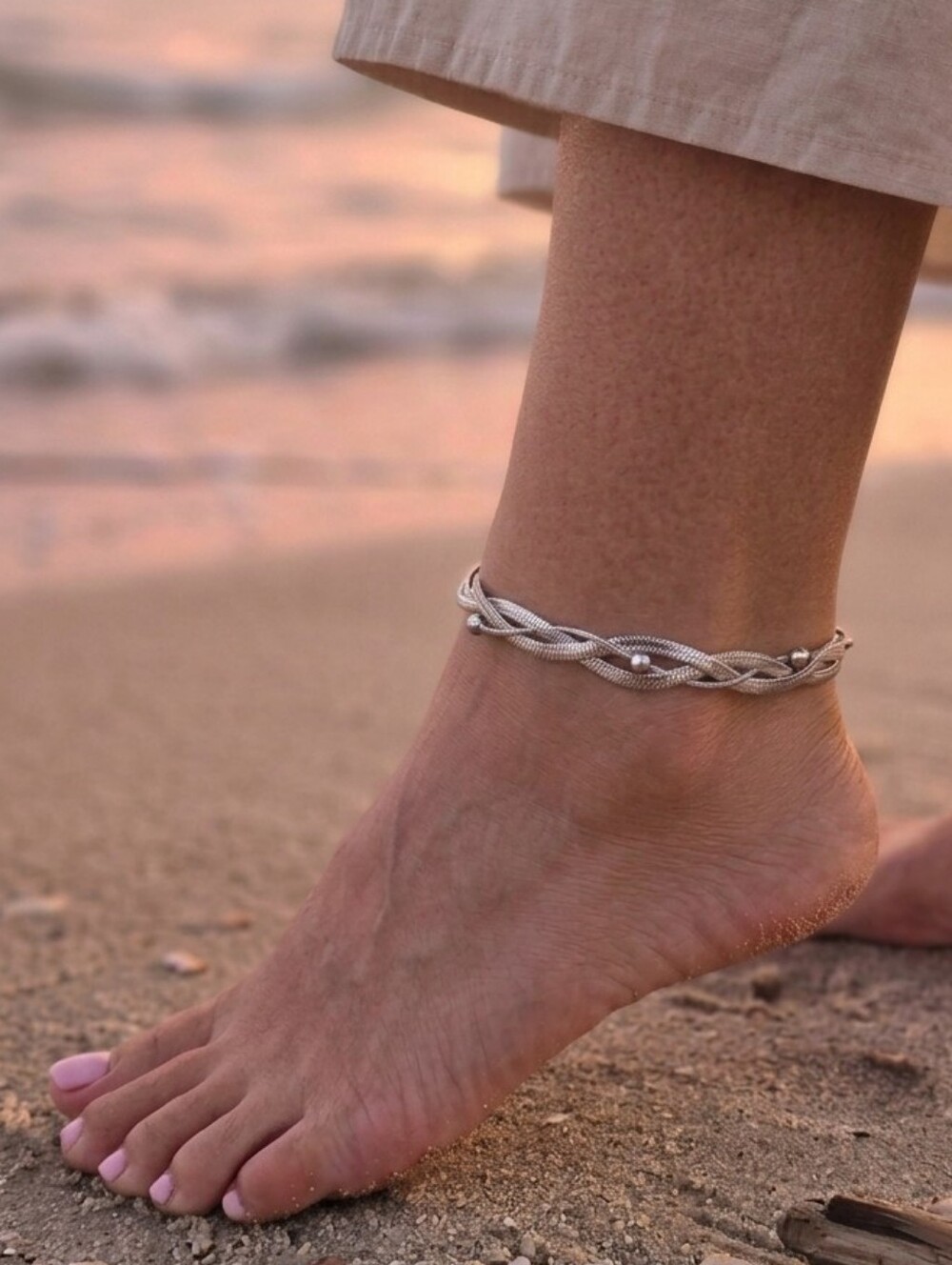Silver Braided Snake Chain Adjustable Anklet with Bead Accents Summer Accesories